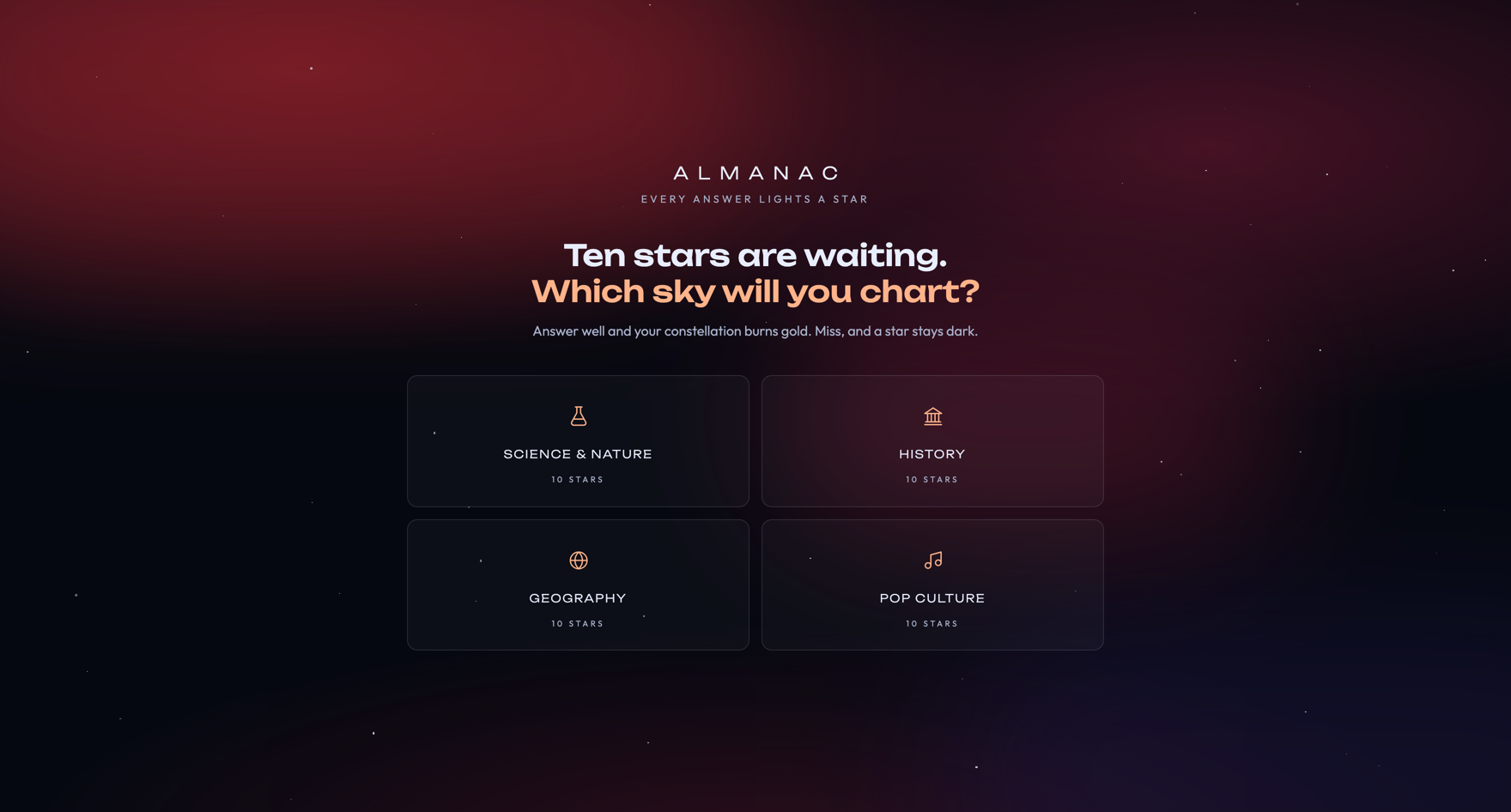 Almanac trivia game category screen: a deep red aurora fading into a starlit night sky, the wide-tracked 'Almanac' wordmark, and four glass category tiles (Science & Nature, History, Geography, Pop Culture)
