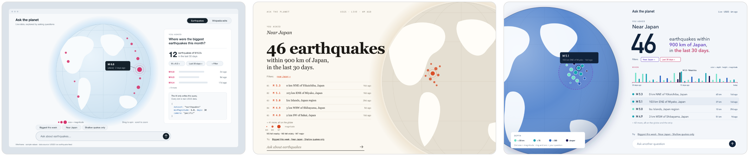 The three mockups that won, left to right: a light sky-blue globe beside a side panel; an editorial page with the big headline '46 earthquakes' beside the globe; and the final palette, a blue globe with depth-colored dots, violet place and rose time beside the count '46'
