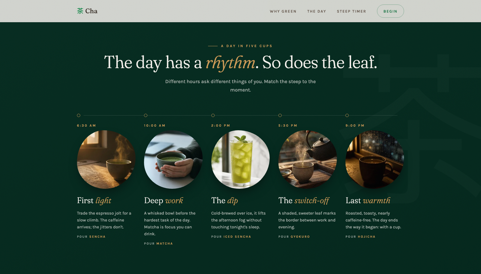 The Cha brand site's 'A day in five cups' section: five tea moments across the day, from first light to last warmth