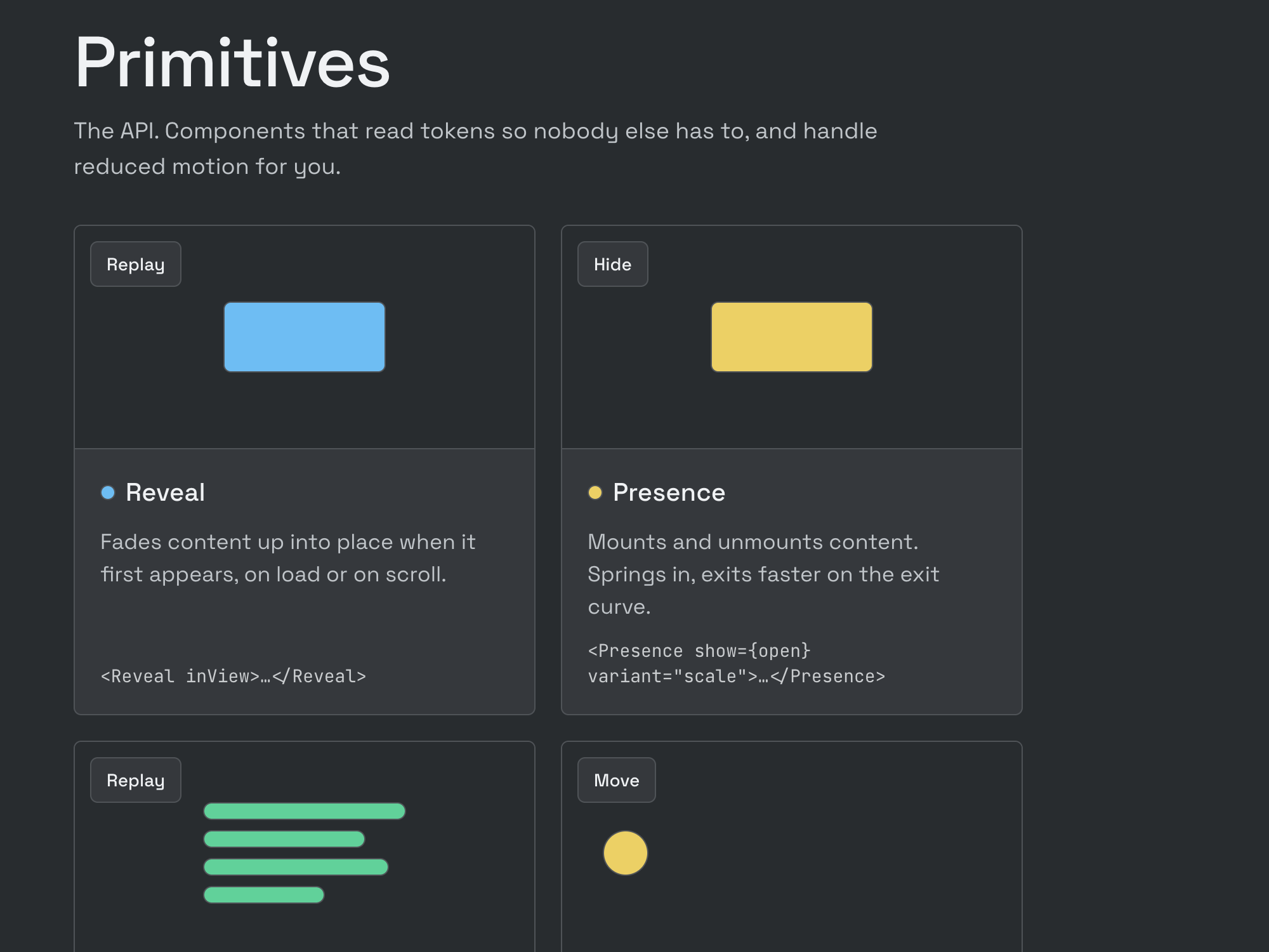 The Primitives section of the playground on dark graphite: cards for Reveal, Presence, Stagger and Move, each with a live demo stage, a Replay or Hide button, a one-line description and the code to use it
